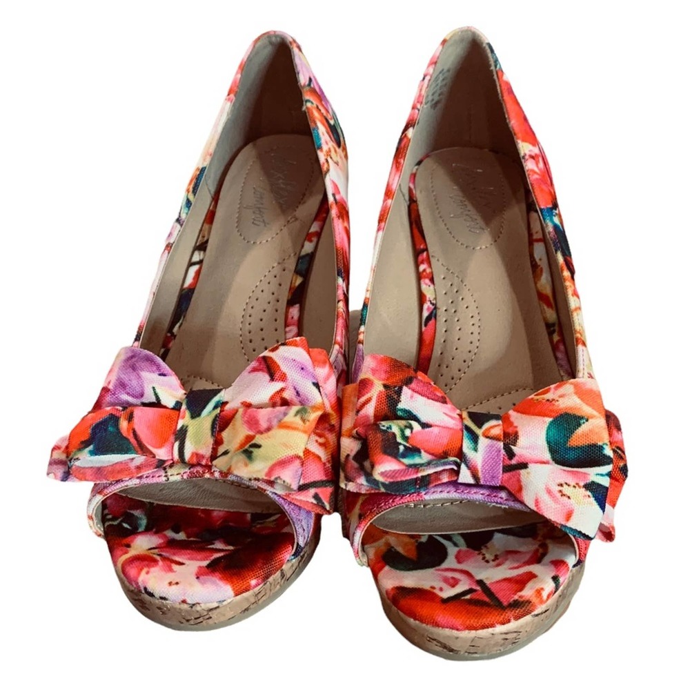 Dexflex comfort shoes cork wedge floral peep toe with bow tie size 8.5 wide